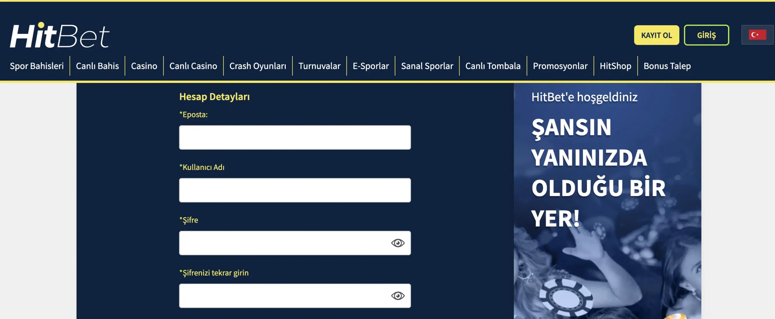 Hitbet kayıt ekranı